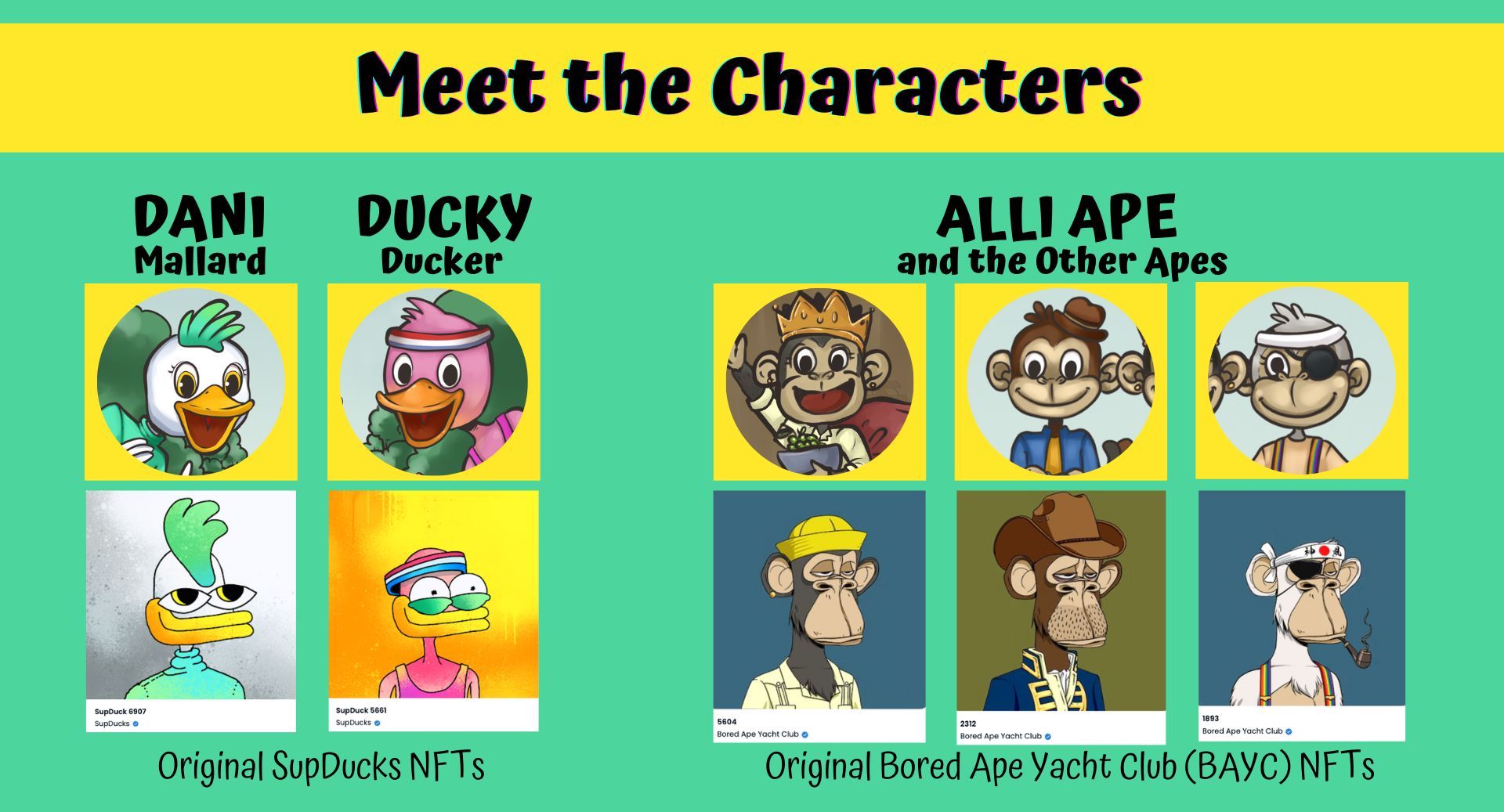 meet the characters - inspired by nfts supducks and bored ape yacht club